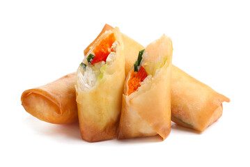 Tasty fried spring rolls on white background