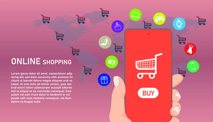 Online shopping on application and website concept, digital marketing online, shopping cart in troley with buy items on smartphone screen.
