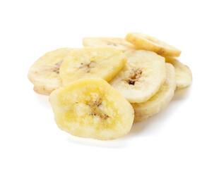 Crispy banana chips on white background