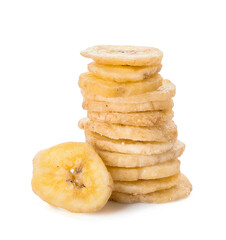 Crispy banana chips on white background