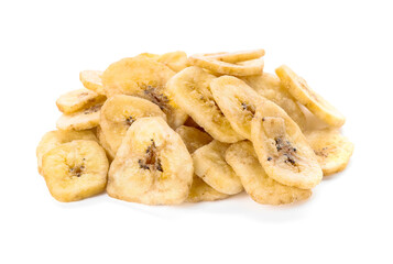 Crispy banana chips on white background