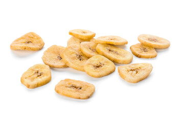 Crispy banana chips on white background
