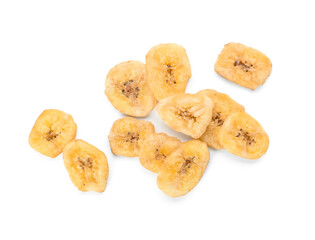Crispy banana chips on white background