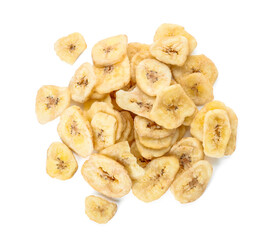 Crispy banana chips on white background