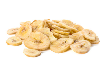 Crispy banana chips on white background