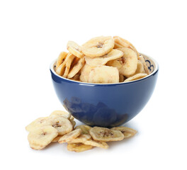 Crispy banana chips in bowl on white background