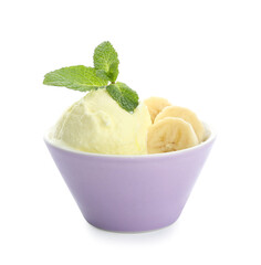 Bowl with tasty banana ice-cream on white background