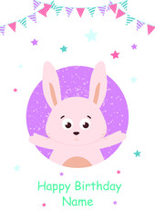 Festive vector card with the image of a cheerful cat, hare, bear and crab. On a white background. Congratulation. Happy Birthday. For printing, postcards, covers, notebooks