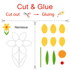 Cut and glue is the paper game for the development of preschool children. Cut parts of the image and glue on the paper. Flower narcissus. Vector illustration in flat style