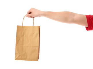 Hand of courier with paper bag on white background
