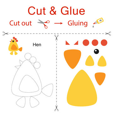 Cut and glue is the paper game for the development of preschool children. Cut parts of the image and glue on the paper. Chicken, hen. Vector illustration in flat style