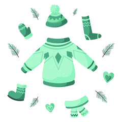 Vector items of clothing warm for autumn and winter.
Warmth, Christmas, comfort. For printing, postcards, stickers, textiles, fabrics and wrapping paper.