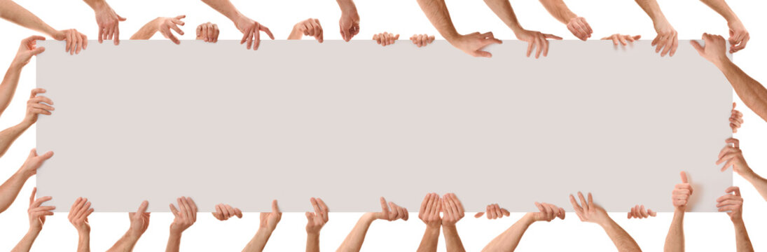 Many hands in different positions holding a poster