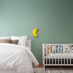 Modern bedroom interior design with white bed and wooden baby crib 3D Rendering, 3D Illustration