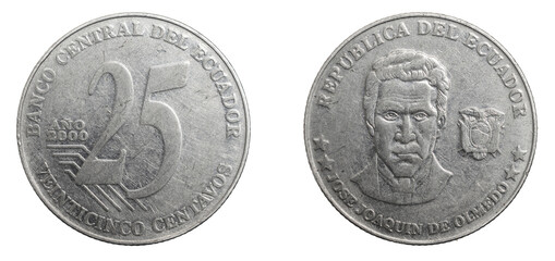 Ecuador twenty five centavos coin on a white isolated background