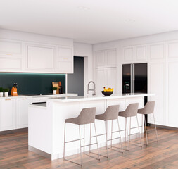 Modern white kitchen interior design 3D Rendering, 3D Illustration