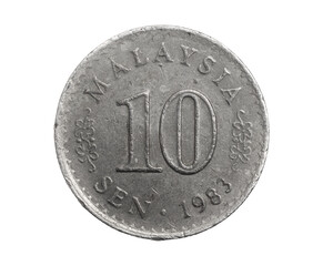 Malaysia ten sen coin on a white isolated background