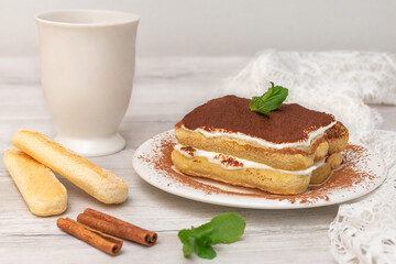 Homemade tiramisu cake . Food background. Sweet Italian dessert.