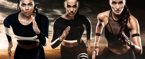 Runners run. A three athlete women sprinter, running outdoor wearing in the sportswear, fitness and...