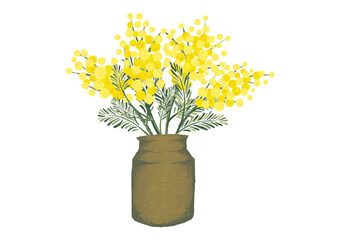 ミモザ　アカシア　レトロ　花瓶　春のイラスト　ドライフラワー　植物柄