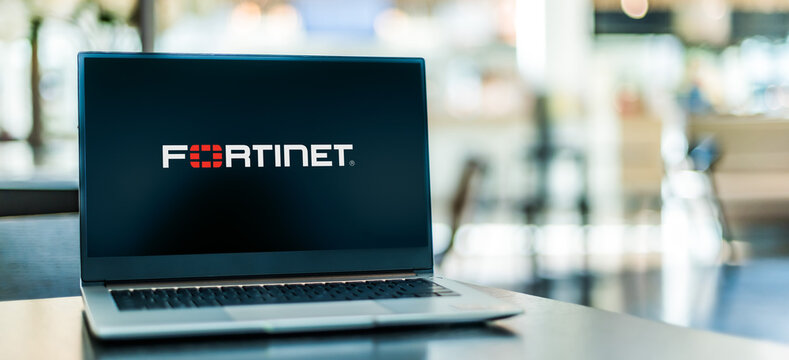 Laptop computer displaying logo of Fortinet