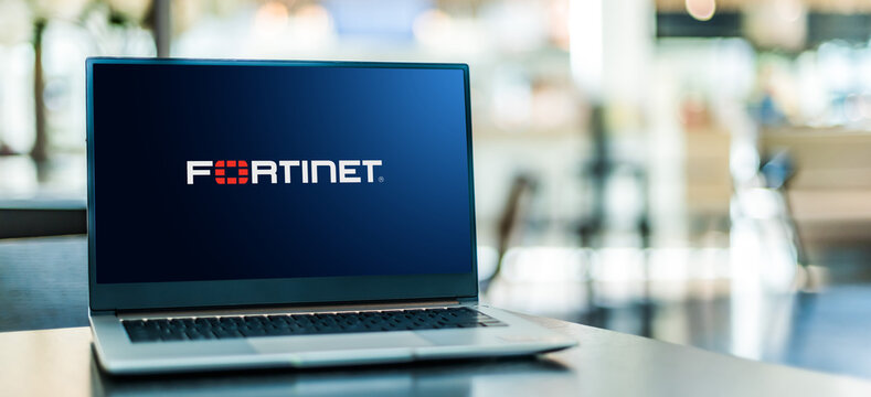 Laptop computer displaying logo of Fortinet