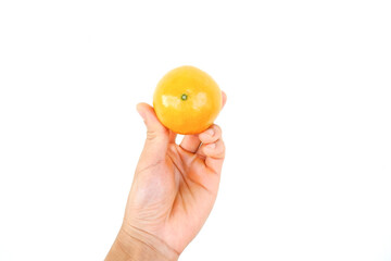 Orange on hand, on white background