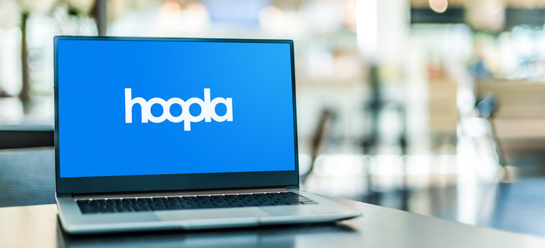 Laptop computer displaying logo of Hoopla