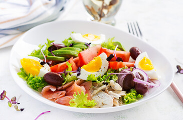 Ketogenic diet breakfast. Salt salmon and baked dorado salad with greens, tomatoes, eggs and avocado. Zero waste, eco friendly concept.