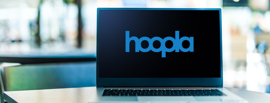 Laptop computer displaying logo of Hoopla