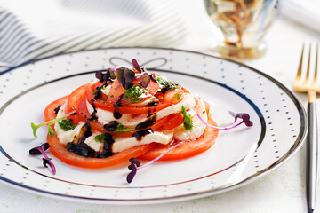 Caprese salad. Mozzarella cheese, tomatoes and basil pesto on plate.  Eco friendly concept.