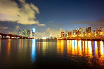Fototapeta na wymiar Florida Miami night city skyline. USA downtown skyscrappers landscape.