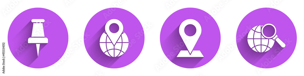 Poster set push pin, location on the globe, location and magnifying glass with globe icon with long shadow.