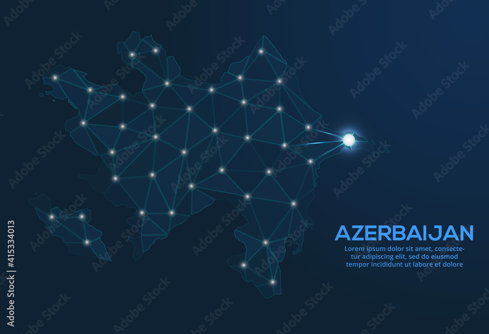 Aufkleber azerbaijan communication network map. vector low poly image of a global map with lights in the form 