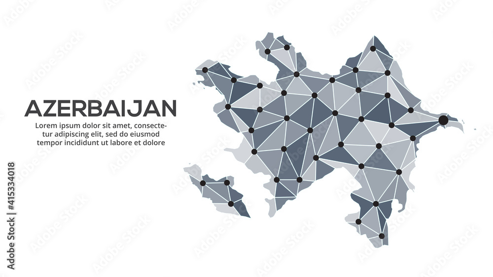 Poster azerbaijan communication network map. vector image of a low poly global map with city lights. map in