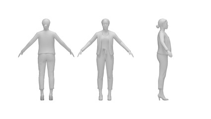 3D rendering of a business woman multiple views, front side and back
