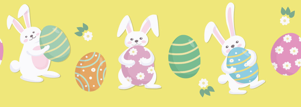 Easter seamless horizontal pattern in pastel colors. White cute bunnies with colored painted eggs. On a yellow background. Symbols of the religious holiday of Great Easter. Vector © Ольга Дубровина