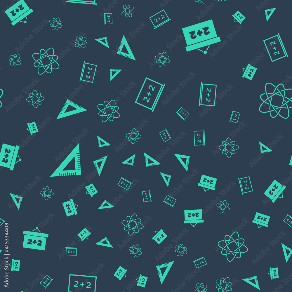Aufkleber set chalkboard, , triangular ruler and atom on seamless pattern. vector.