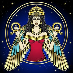 Cartoon color drawing: beautiful woman in a horned crown, a character in Assyrian mythology. Winged goddess. Ishtar, Astarta, Inanna. Vector illustration isolated on a dark background.