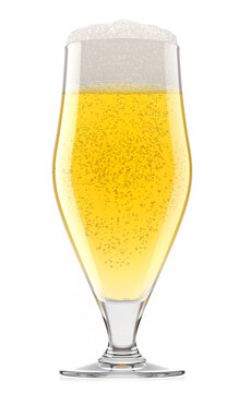 Frosty glass of fresh light beer with bubble froth isolated on white background.