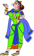 Lord's Gopika, Sevika, or lady servants have drawn in Indian folk art, Kalamkari style. for textile printing, logo, wallpaper