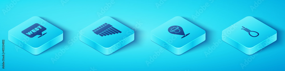 Poster set isometric pointer to wild west, pan flute, gallows rope loop hanging and location cowboy icon. v