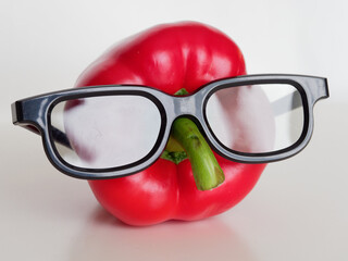Red bell pepper in black glasses dressed on a green stem on a white background joking photo