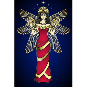 Cartoon color drawing: beautiful woman in a horned crown, a character in Assyrian mythology. Full growth. Ancient goddess. Ishtar, Astarta, Inanna. Shining sun.Vector illustration.
