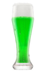 Frosty glass of draft green beer with bubble froth isolated on white background.