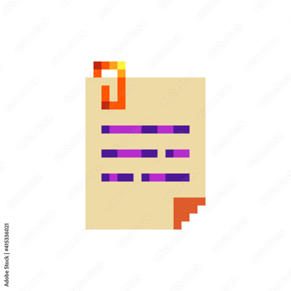 Poster paper sheet with a clip. web site icon. pixel art. video game 8-bit sprite. isolated vector illustra