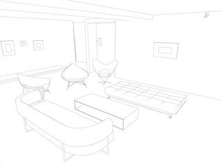 The contour of the interior with armchairs and a sofa from black lines on a white background. 3D. Vector illustration