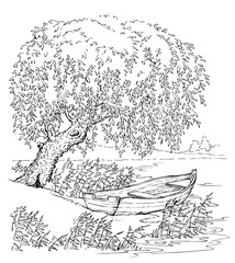 Obraz premium Vector drawing. Old boat on the lake under the branches of a willow