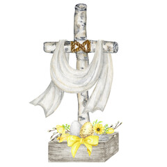 Easter Wooden Christian Cross with flowers and eggs. Catholic Church Floral cross isolated on white background. Religion symbol