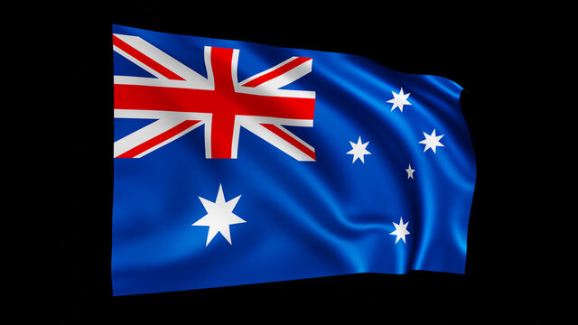 The flag of Australia isolated on black, realistic 3D wavy Australian flag render illustration.
